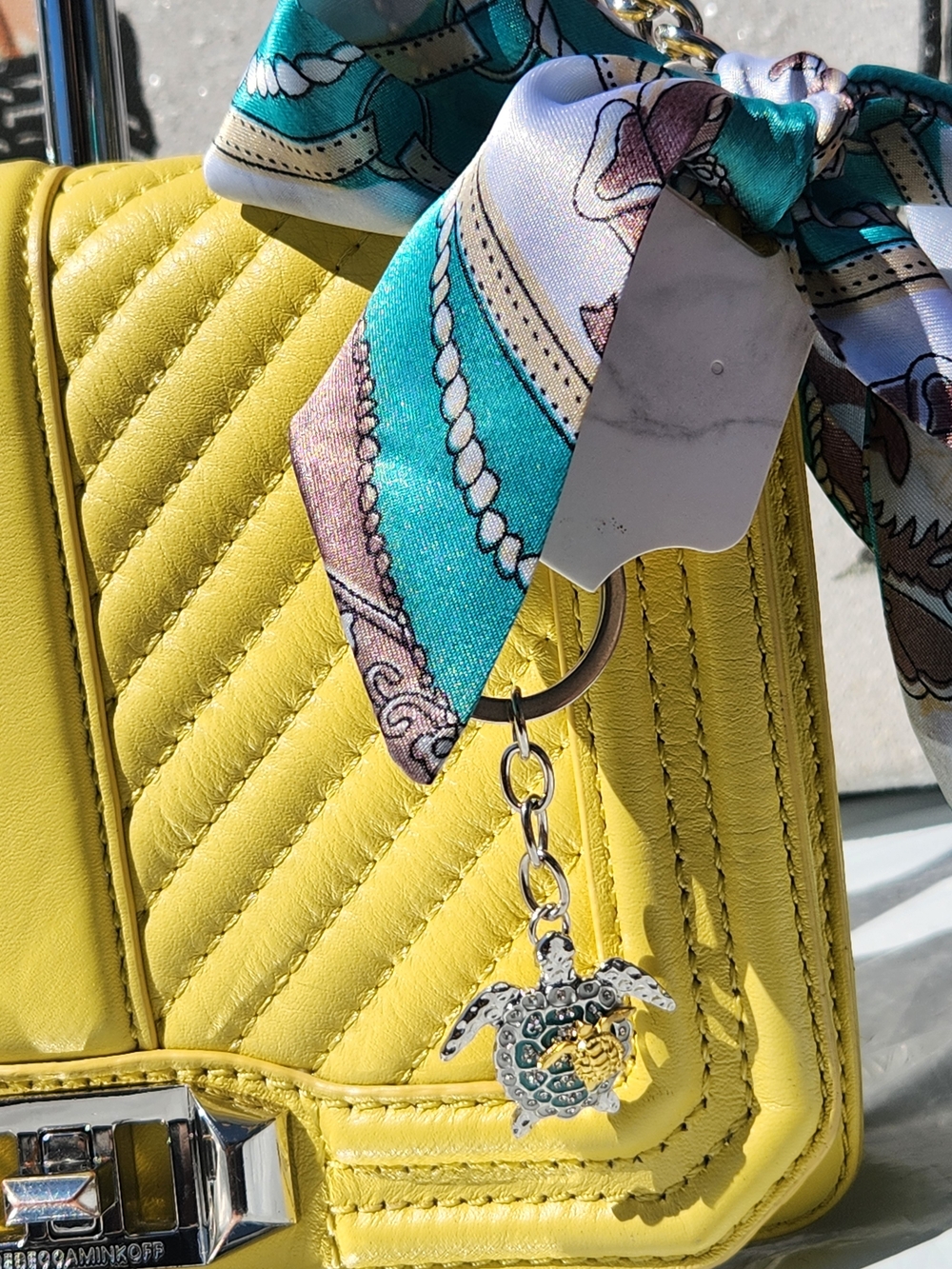 Rebecca Minkoff Yellow Quilted Shoulder Bag w Chain Strap & Free Bag Scarf/Charm - Picture 3 of 16